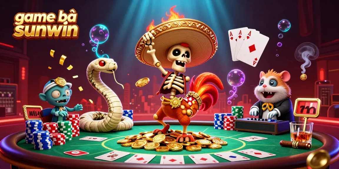 Engage in game bài sunwin with a lively 3D illustration featuring a mariachi rooster and animated casino elements.