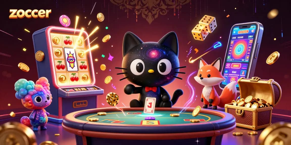 Zoccer cat at a cosmic casino table amidst a jackpot explosion and gaming elements.