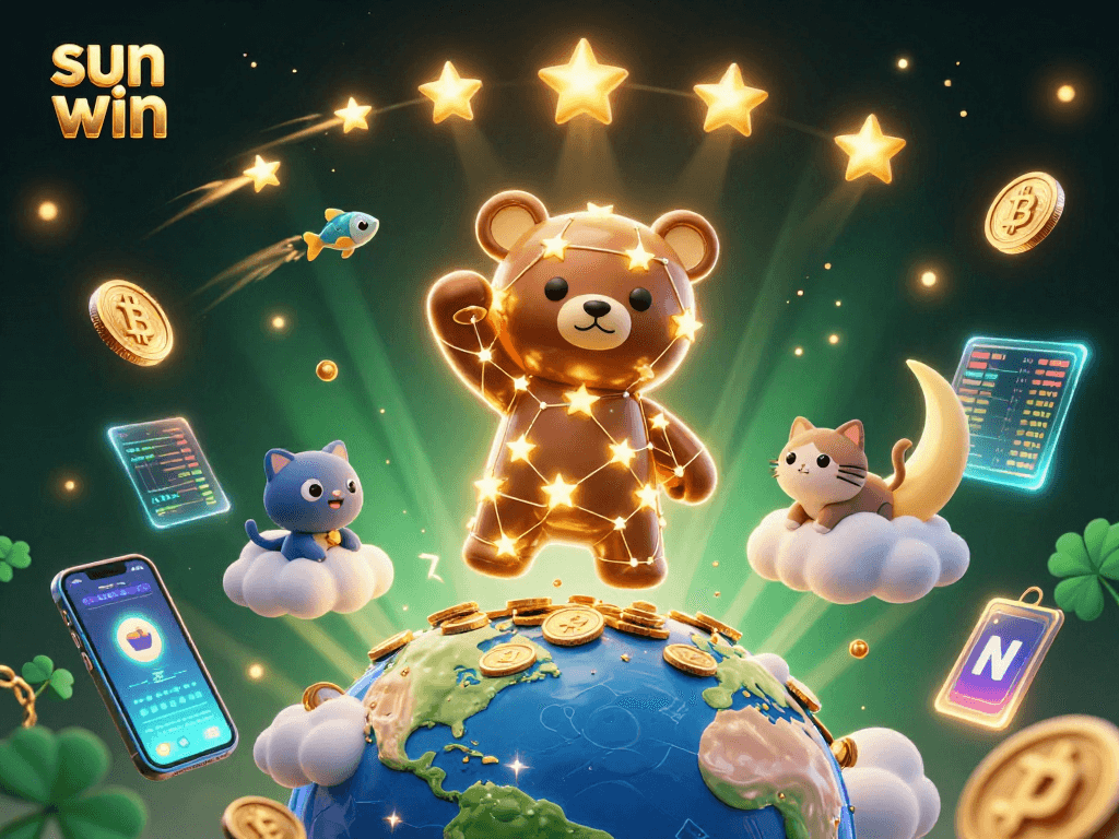 Experience the excitement of sun win with a magical 3D gaming scene featuring celestial characters and crypto elements.