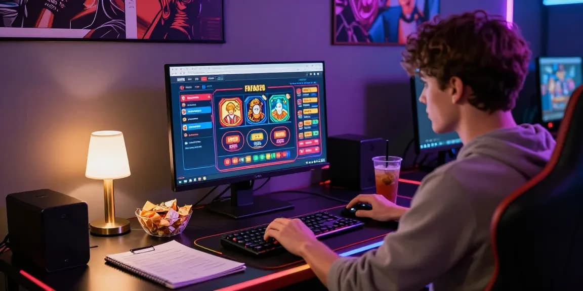 Gamer engaging with the FAFA828 platform on a modern desktop setup, surrounded by snacks and gaming accessories.