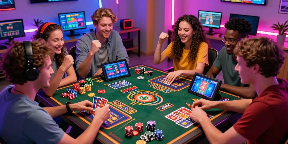 Engaging gaming experience at https://gemwin.pics/, showcasing diverse players enjoying thrilling card and slot games with vibrant lighting and modern gaming equipment.