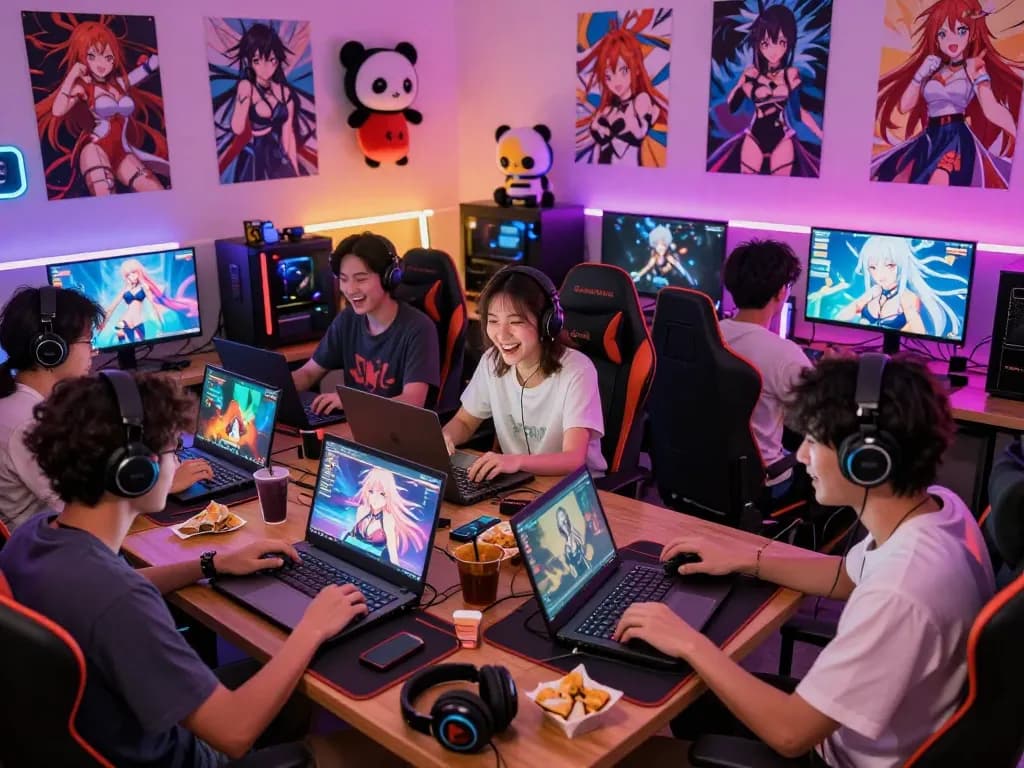 Group of friends excitedly playing hentai games on laptops in a vibrant gaming room.