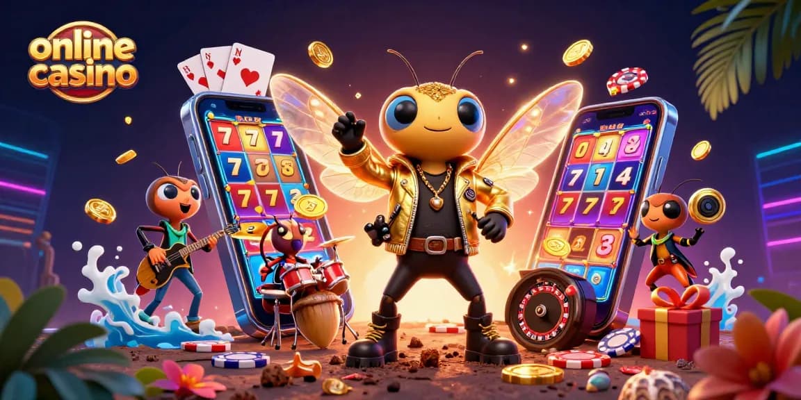 Spin vibrant slot games in an exciting online casino setting with a rock star theme.