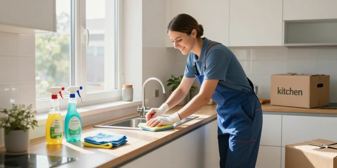 Professional cleaner providing umzugsreinigung bern in a bright kitchen, showcasing cleanliness and efficiency.