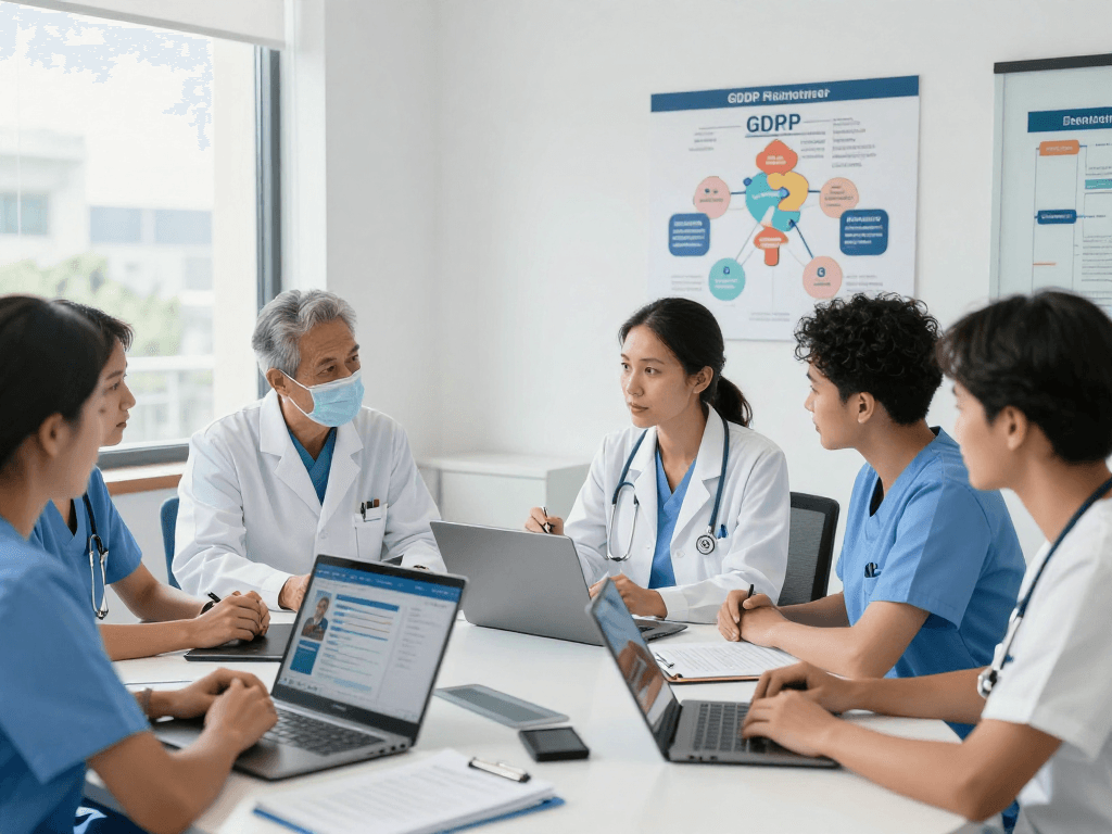 Healthcare professionals discussing Gemeinschafts data privacy and accessibility in a modern office setting.