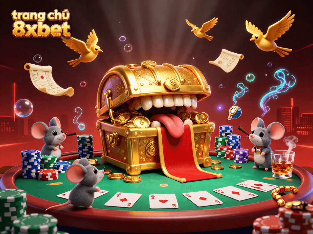 Experience the allure of trang chủ 8xbet with adventurous mice and a treasure chest in this vibrant casino illustration.