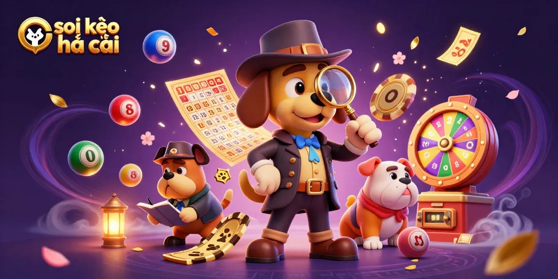 Engage with soi kèo nhà cái as cartoon characters solve gambling clues amidst vibrant casino elements.