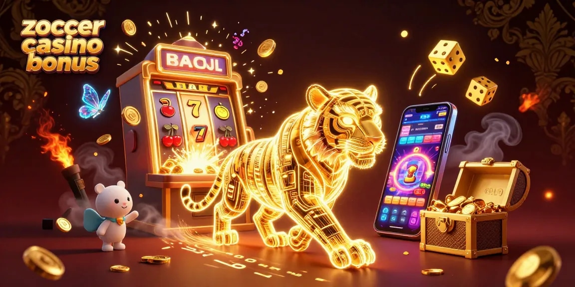 Experience the thrill of the zoccer casino bonus with a stunning digital casino landscape featuring a golden tiger and vibrant games.