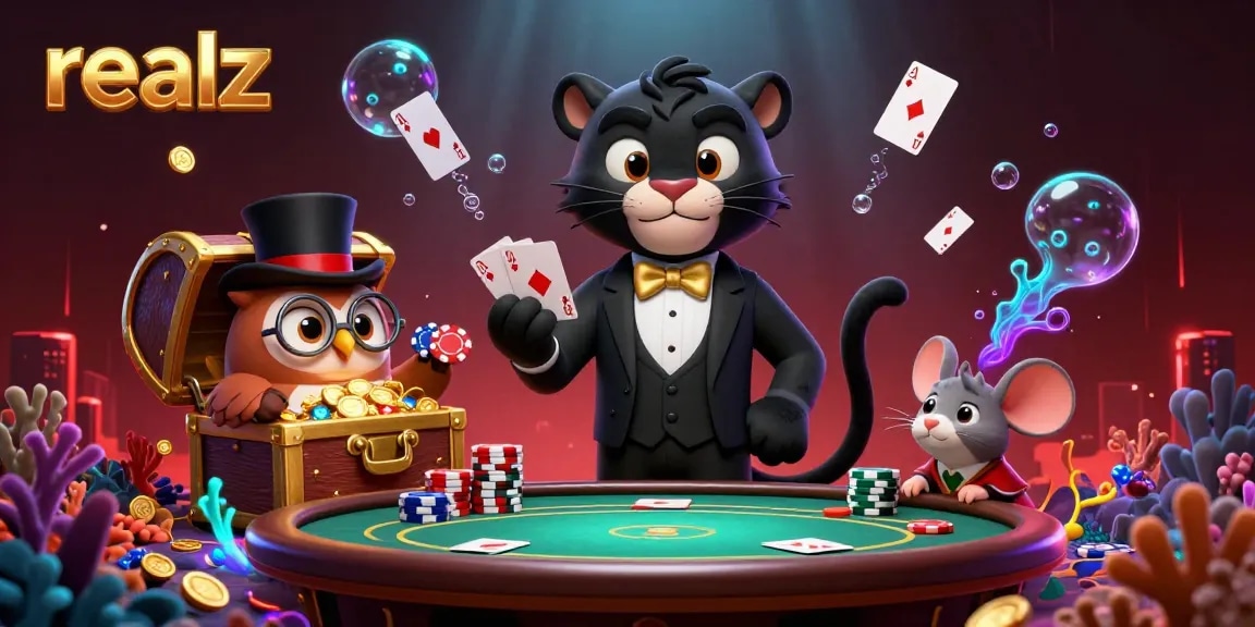 Play poker with realz in a vibrant underwater casino scene featuring playful characters.