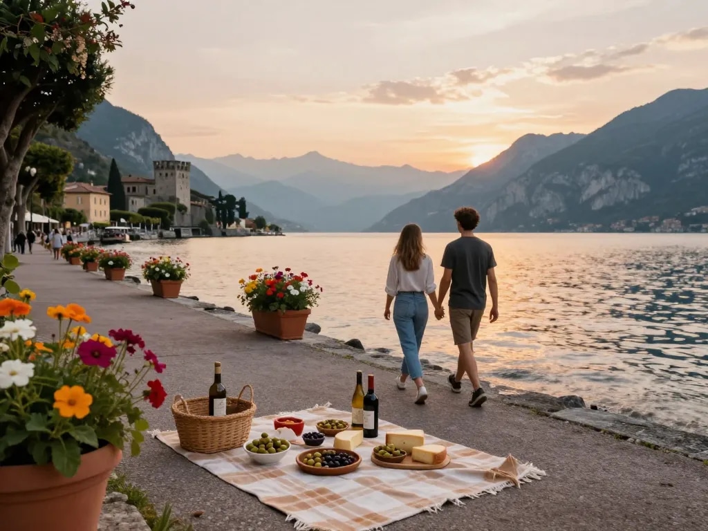 Gardasee-Reisetipps: Romantischer Spaziergang bei Sonnenuntergang am Gardasee mit regionalen Weinen und malerischen Bergen.