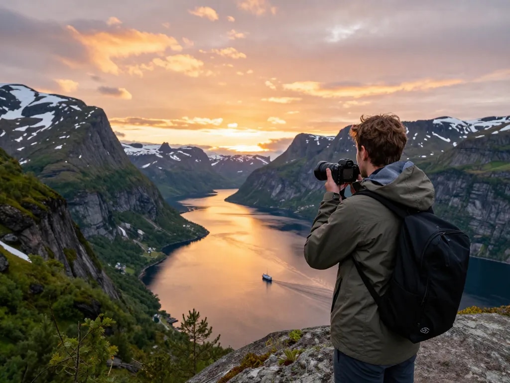 Reisetipps Skandinavien: Atemberaubender Sonnenuntergangsblick von einem Fjord in Norwegen, der Reiseabenteuer hervorhebt.