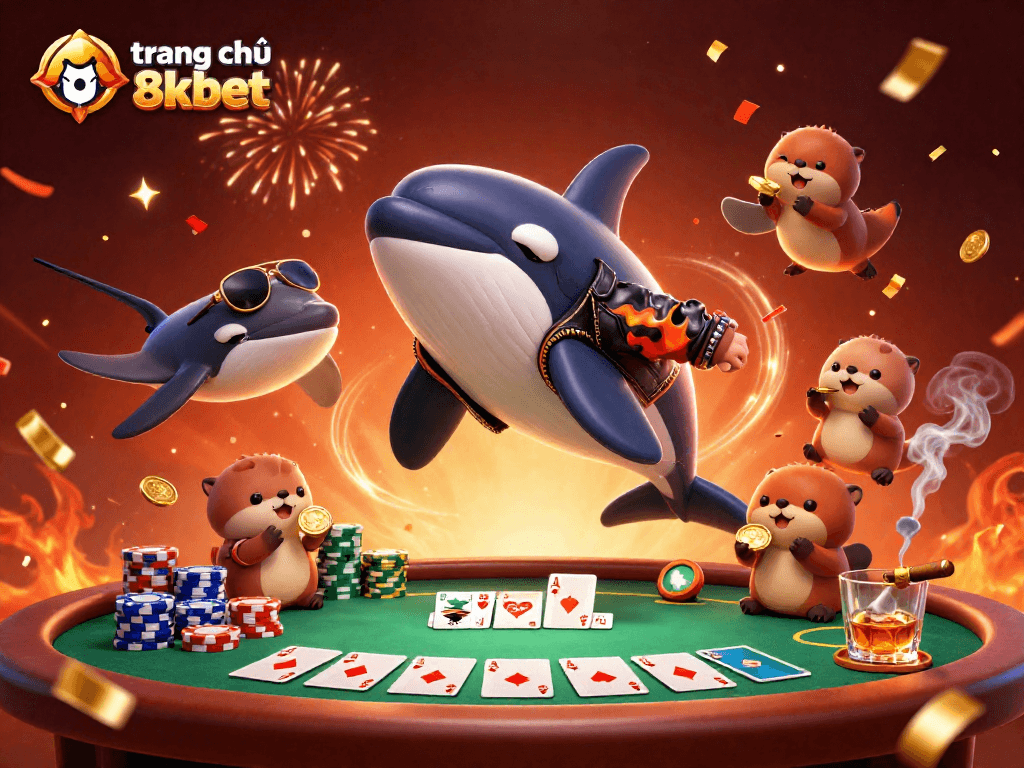 Engage in exciting trends at trang chủ 8xbet, featuring an orca whale and otters in a vibrant casino scene.
