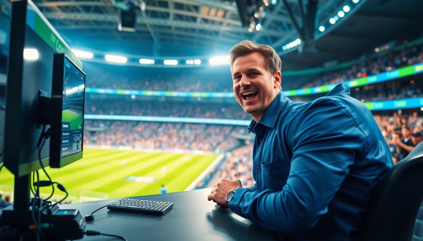 Engaging sports broadcasting scene with a commentator and live game footage on screens.