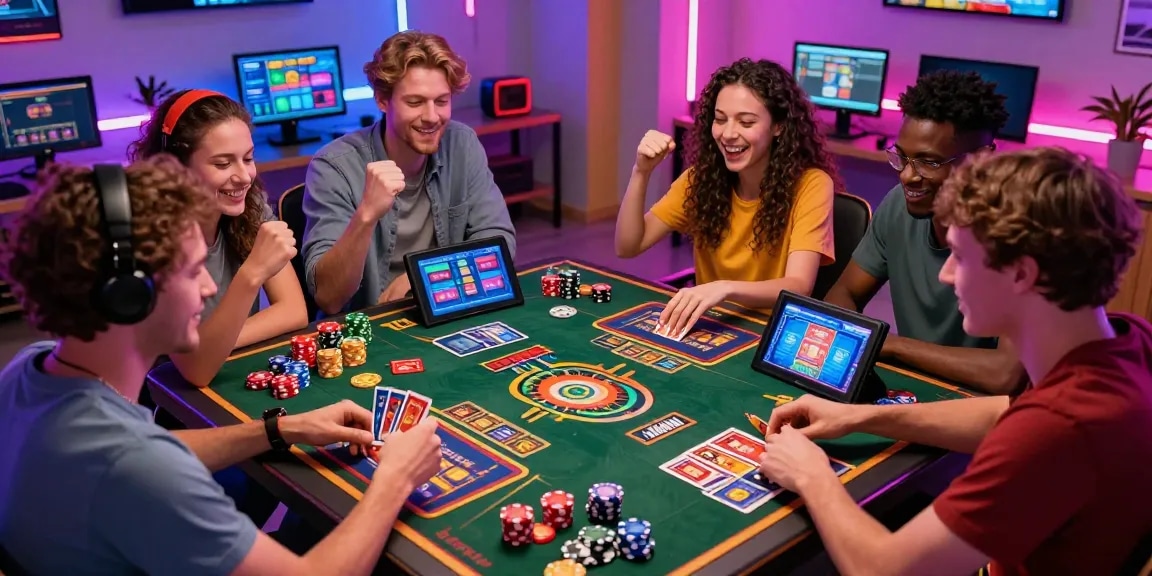 Engaging gaming experience at https://gemwin.pics/, showcasing diverse players enjoying thrilling card and slot games with vibrant lighting and modern gaming equipment.
