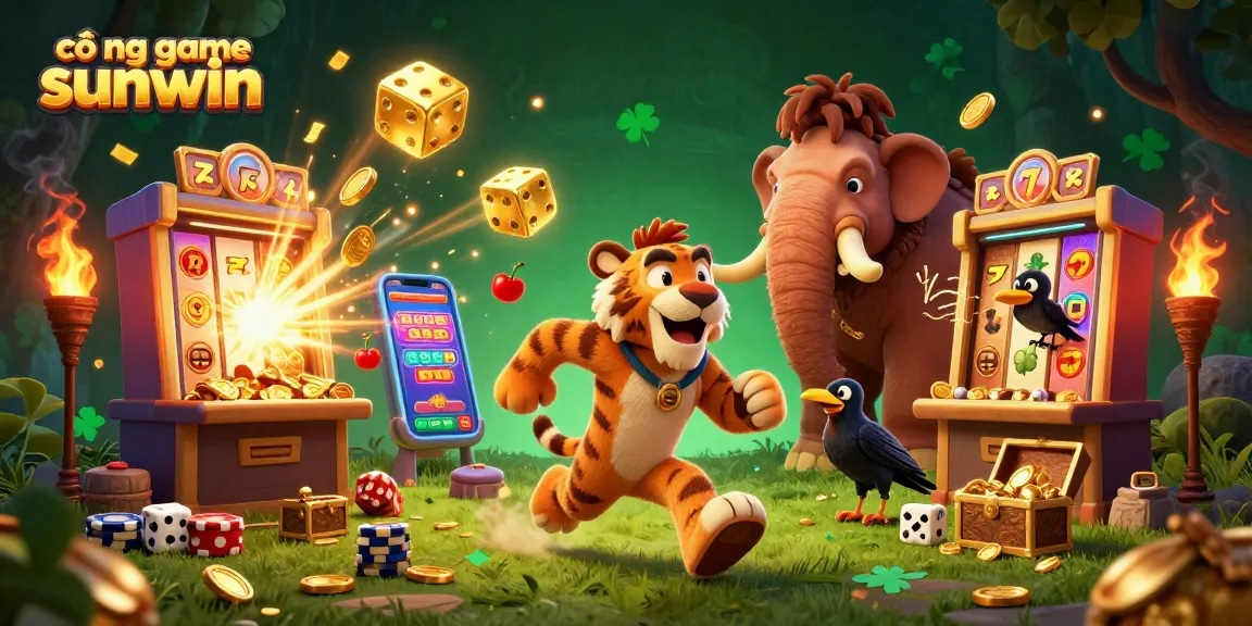 Cổng game sunwin features an engaging prehistoric casino scene with vibrant characters and gaming elements.