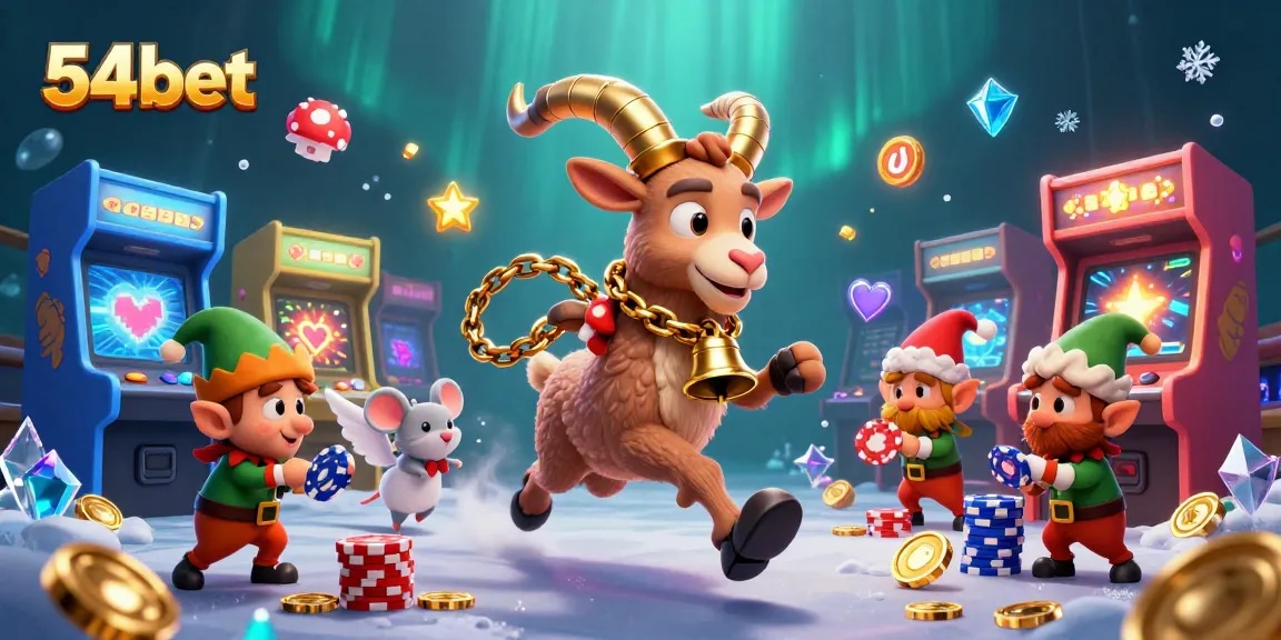 Play exciting casino games like 54bet with festive characters in a vibrant casino scene.