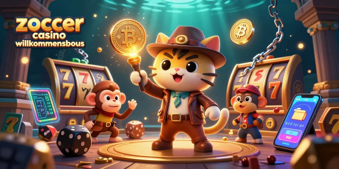 Erlebe den Zoccer Casino Willkommensbonus mit 3D-Katzenarchäologen und Glücksspiel-Elementen.