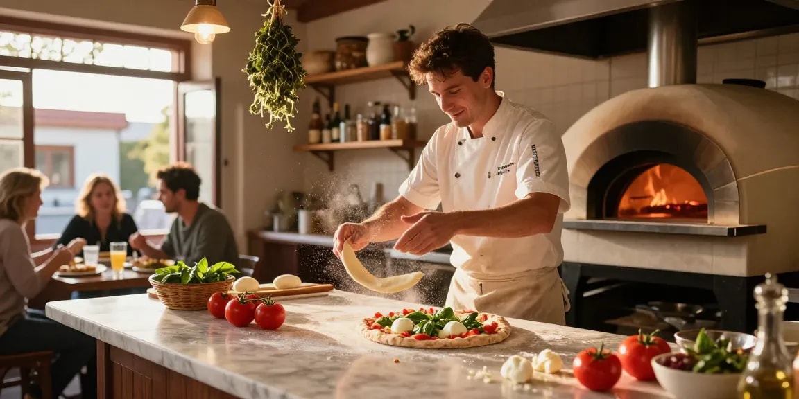 Creative pizza-making scene in a warm pizzeria kitchen featuring pg soft ingredients.