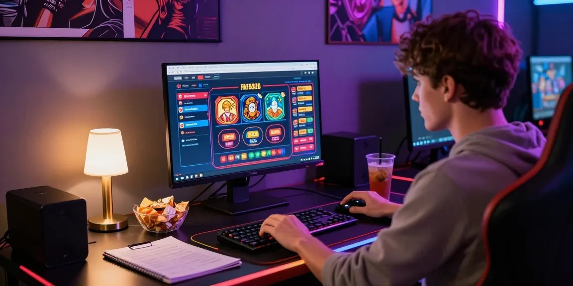 Gamer engaging with the FAFA828 platform on a modern desktop setup, surrounded by snacks and gaming accessories.