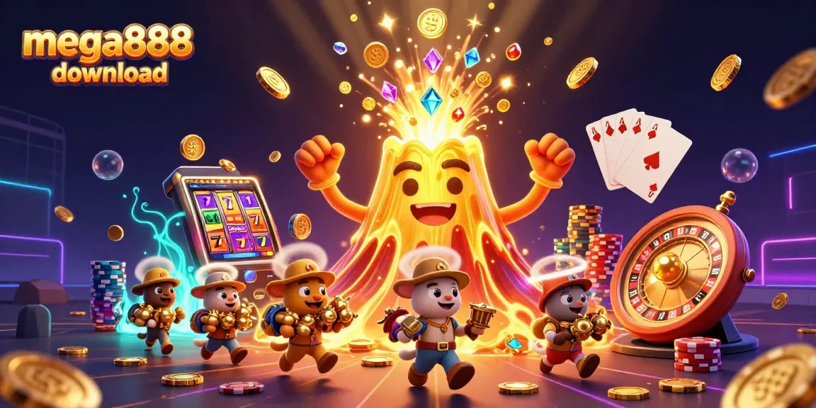 Experience mega888 download with vivid 3D visual of a dynamic casino scene filled with coins and slot machines.