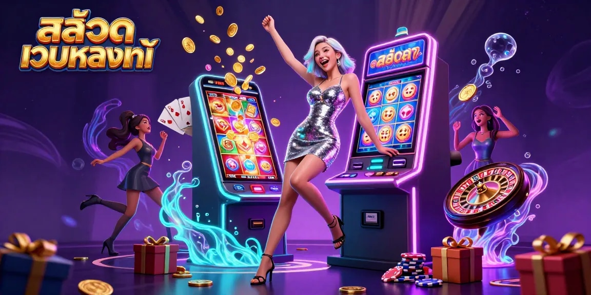 Play slots and win with สล็อตเว็บตรงแท้, featuring vibrant coins, cards, and a jackpot scene.