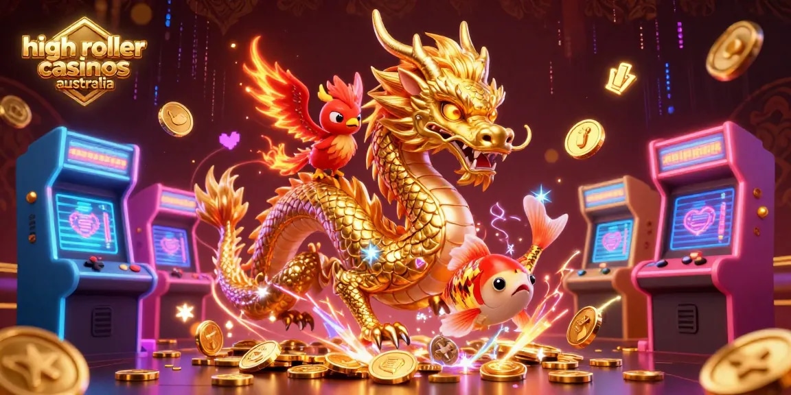 Experience high roller casinos Australia with a fierce dragon and playful phoenix amidst coins and gaming elements.