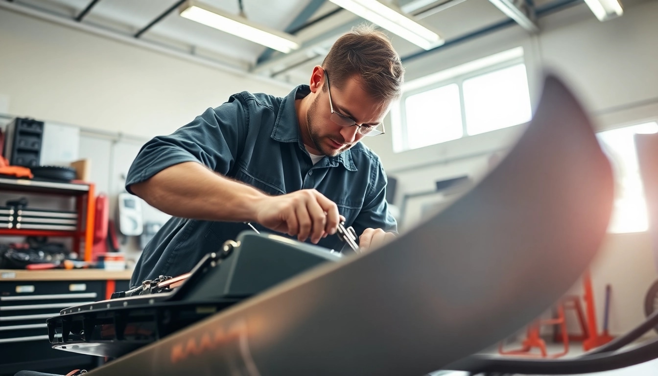 Ein Mechaniker überprüft sorgfältig die Auto Kufen in einer gut beleuchteten Werkstatt.
