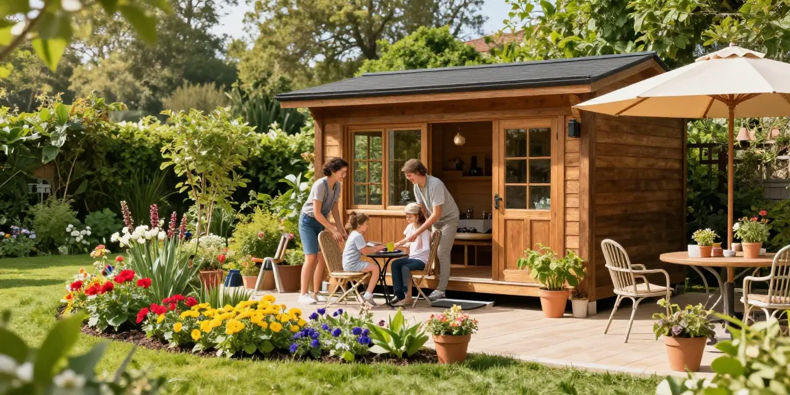 Garten Haus im blühenden Garten mit Familie, die die Möbel arrangiert.