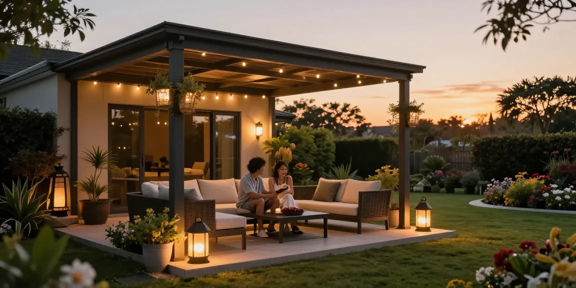 Moderne freistehende Terrassenüberdachung mit gemütlicher Atmosphäre und schöner Gartenlandschaft.