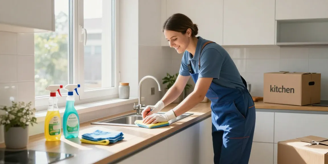 Professional cleaner providing umzugsreinigung bern in a bright kitchen, showcasing cleanliness and efficiency.