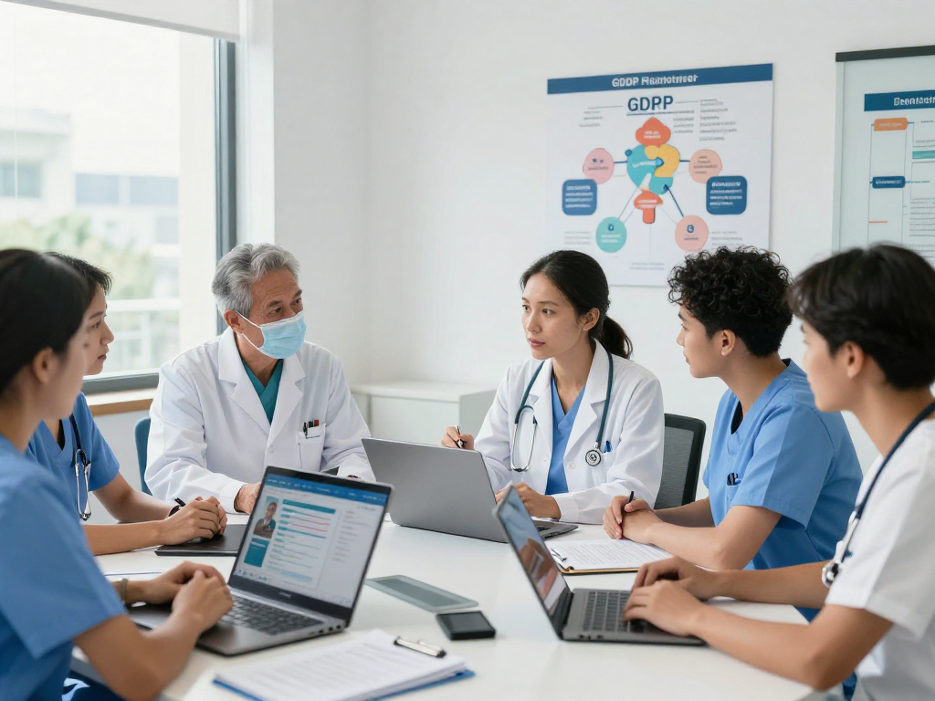 Healthcare professionals discussing Gemeinschafts data privacy and accessibility in a modern office setting.
