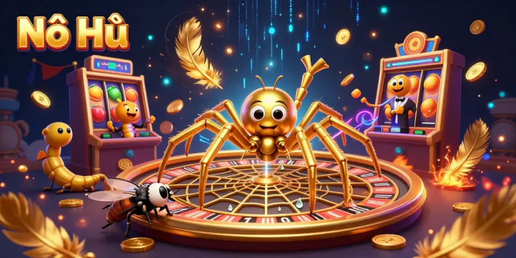 Experience the thrill of Nổ Hũ with a dynamic golden spider and colorful slot machine.