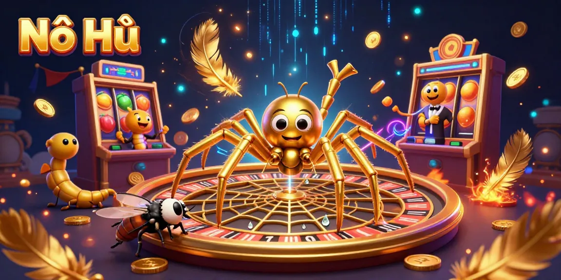 Experience the thrill of Nổ Hũ with a dynamic golden spider and colorful slot machine.