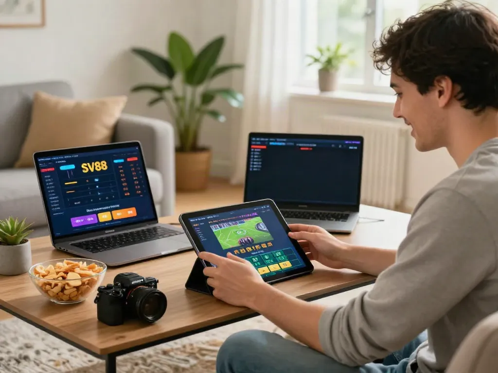 Users engaging with the SV88 platform on various devices in a cozy living room, showcasing an interactive online gambling experience.