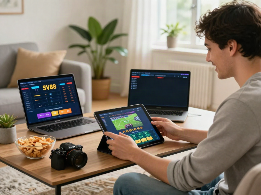 Users engaging with the SV88 platform on various devices in a cozy living room, showcasing an interactive online gambling experience.