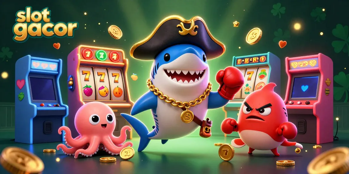 Experience thrilling slot gacor action with pirate-themed characters amidst vibrant 3D slot machines and glowing coins.