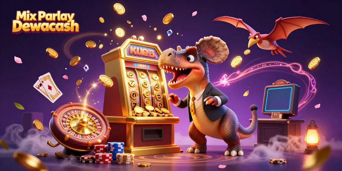 Mix Parlay Dewacash comes alive with a dinosaur jackpot scene, dynamic casino elements abound.