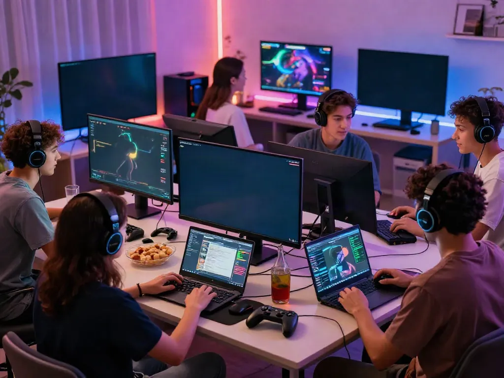 Players enjoying an immersive gaming experience at home, showcasing https://iwinnk.jp.net/ atmosphere with vibrant lighting and modern setups.