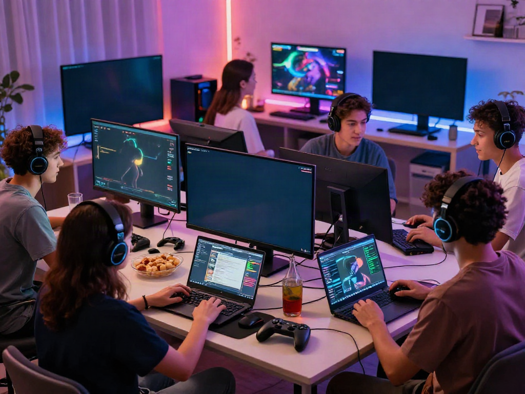 Players enjoying an immersive gaming experience at home, showcasing https://iwinnk.jp.net/ atmosphere with vibrant lighting and modern setups.