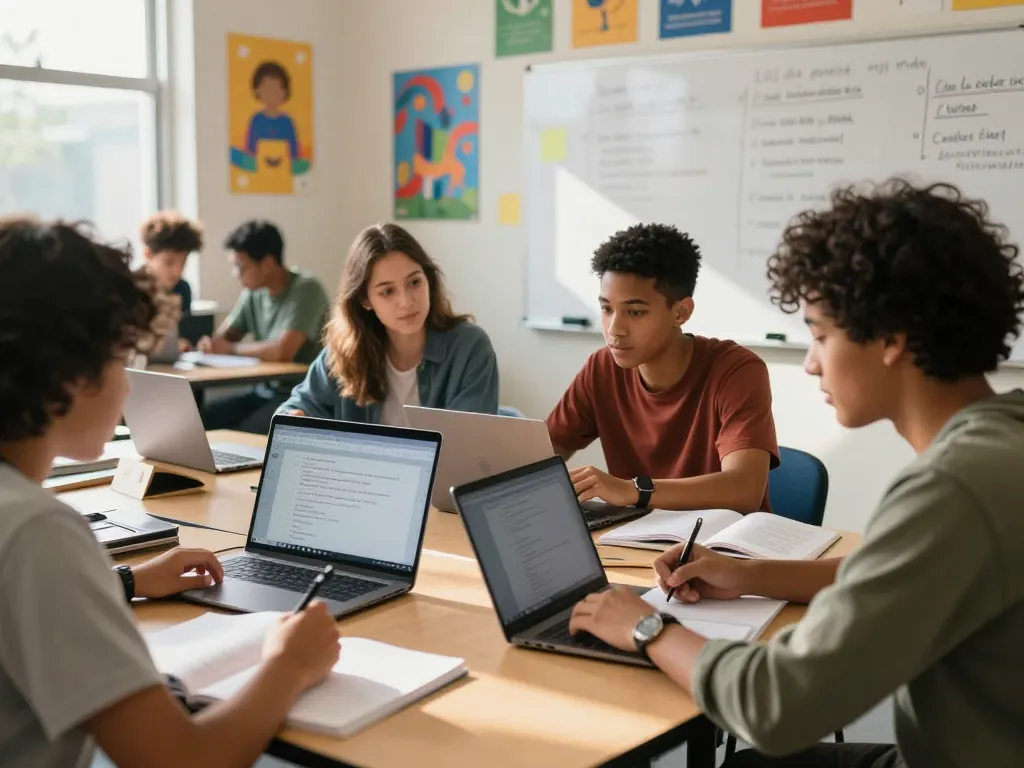 Studierende arbeiten zusammen an Hausaufgaben mit Unterstützung von Hausaufgaben KI kostenlos in einem lebhaften Klassenzimmer.
