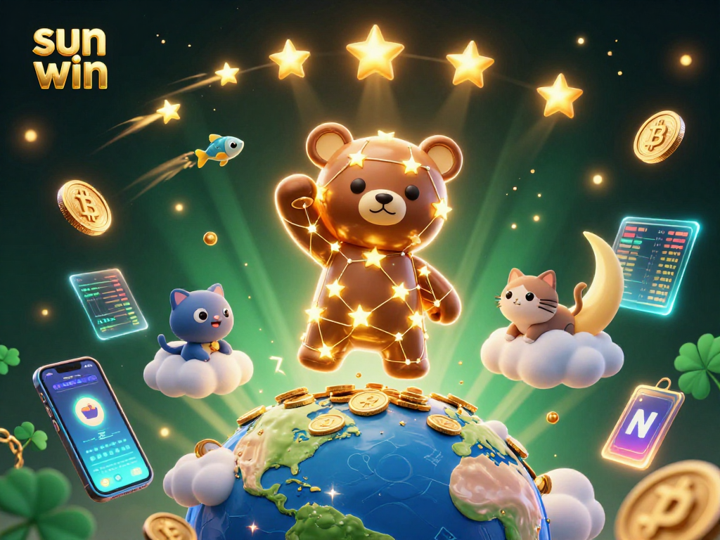 Experience the excitement of sun win with a magical 3D gaming scene featuring celestial characters and crypto elements.