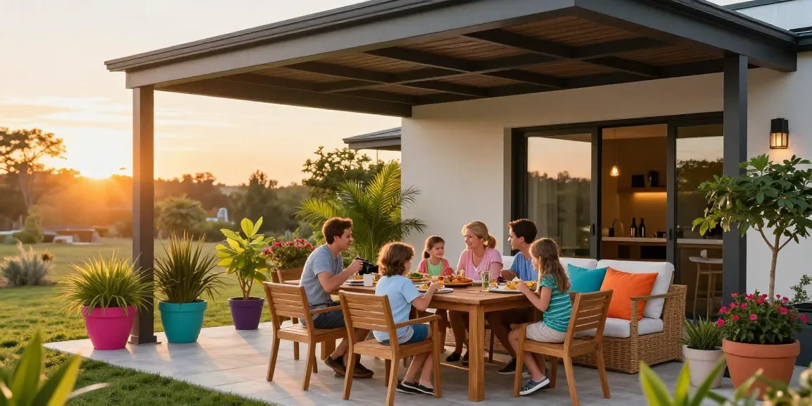 Familie genießt ein Essen unter einer stilvollen Terrassenüberdachung im warmen Licht der Abendsonne.