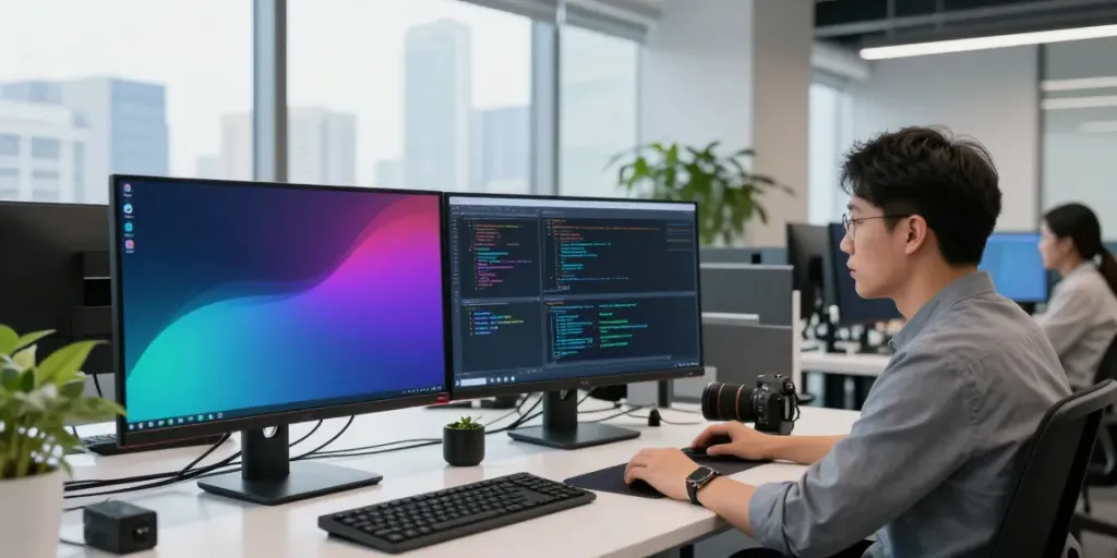 IT Support Frankfurt: IT-Sicherheitstechniker analysiert Netzwerksicherheitsdaten in modernem Büro.