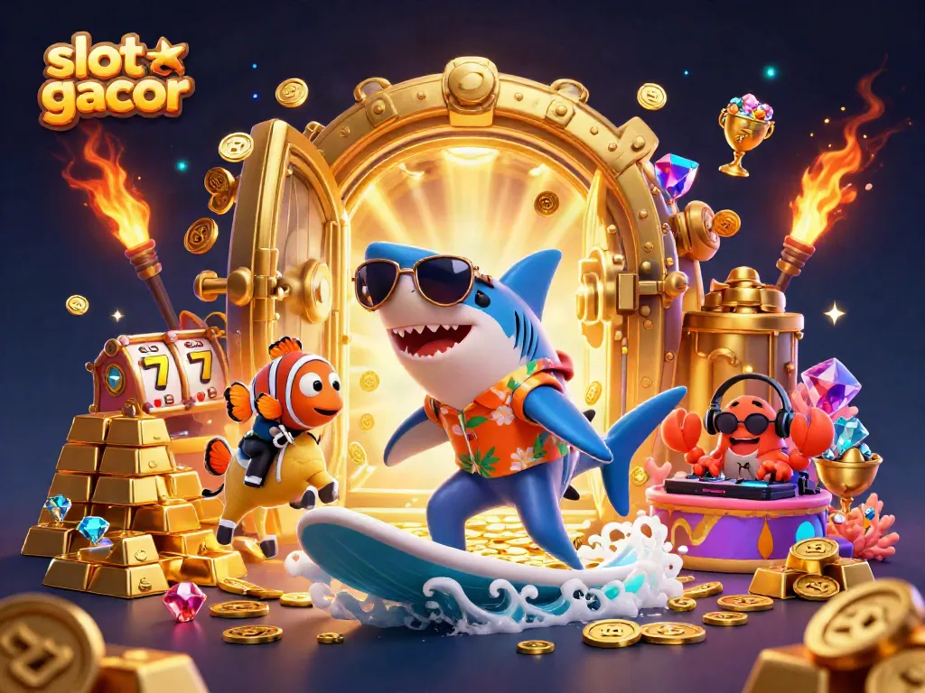 Engage in slot gacor gameplay with a shark surfing gold coins, slots, and vibrant casino elements.