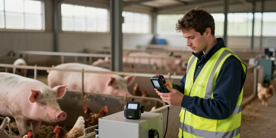 Arbeiter überprüft Ammoniakdetektor in landwirtschaftlichem Betrieb für sichere Stallluft.