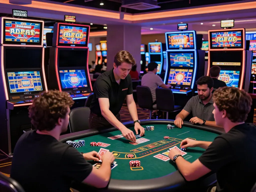 Engaging scene of online gaming at DA88 casino with players enjoying slots and table games.