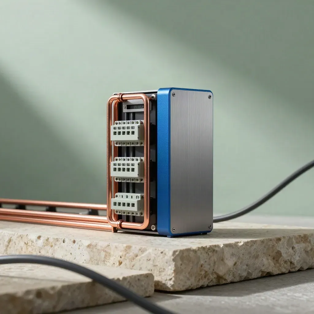 Smart-Meter-Module, Kupferschienen und Gateway auf hellem Steinsockel im Studiolicht.