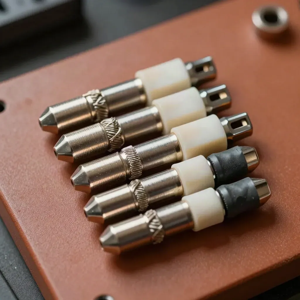 Makro von Industrie-Steckverbindern und einem versiegelten Gateway-Stecker auf Terrakotta-Stein.