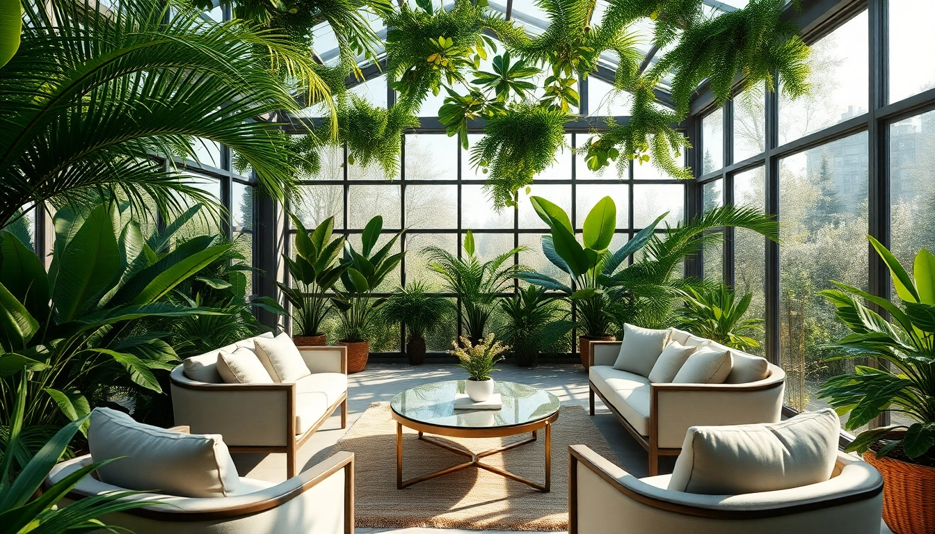 Wintergarten mit eleganter Einrichtung und intensivem Pflanzenwachstum fuer Ruhe und Entspannung.