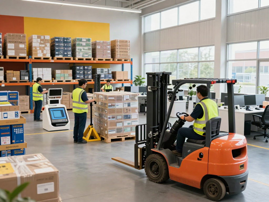Lagerlogistik in Düsseldorf mit modernen Lagerarbeitern, Regalen und Gabelstaplern in einem hellen, organisierten Umfeld.